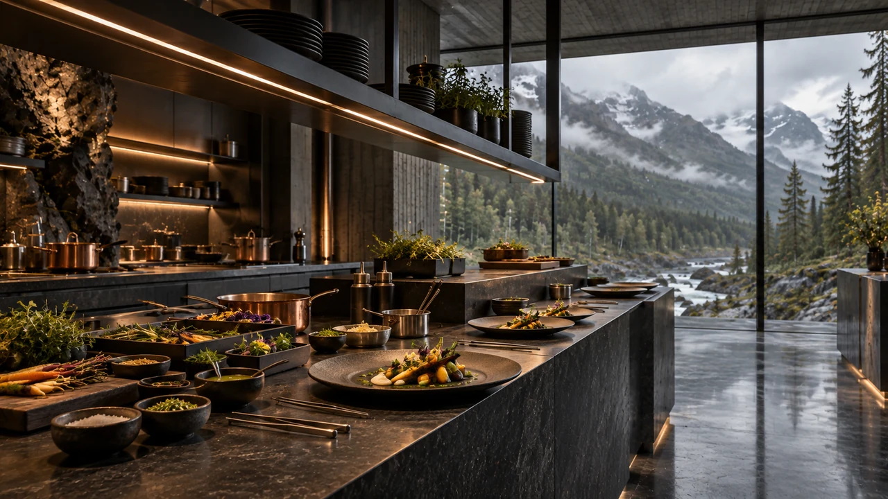 Illustrated kitchen with ingredients and plated dishes arranged along a preparation counter overlooking mountains.