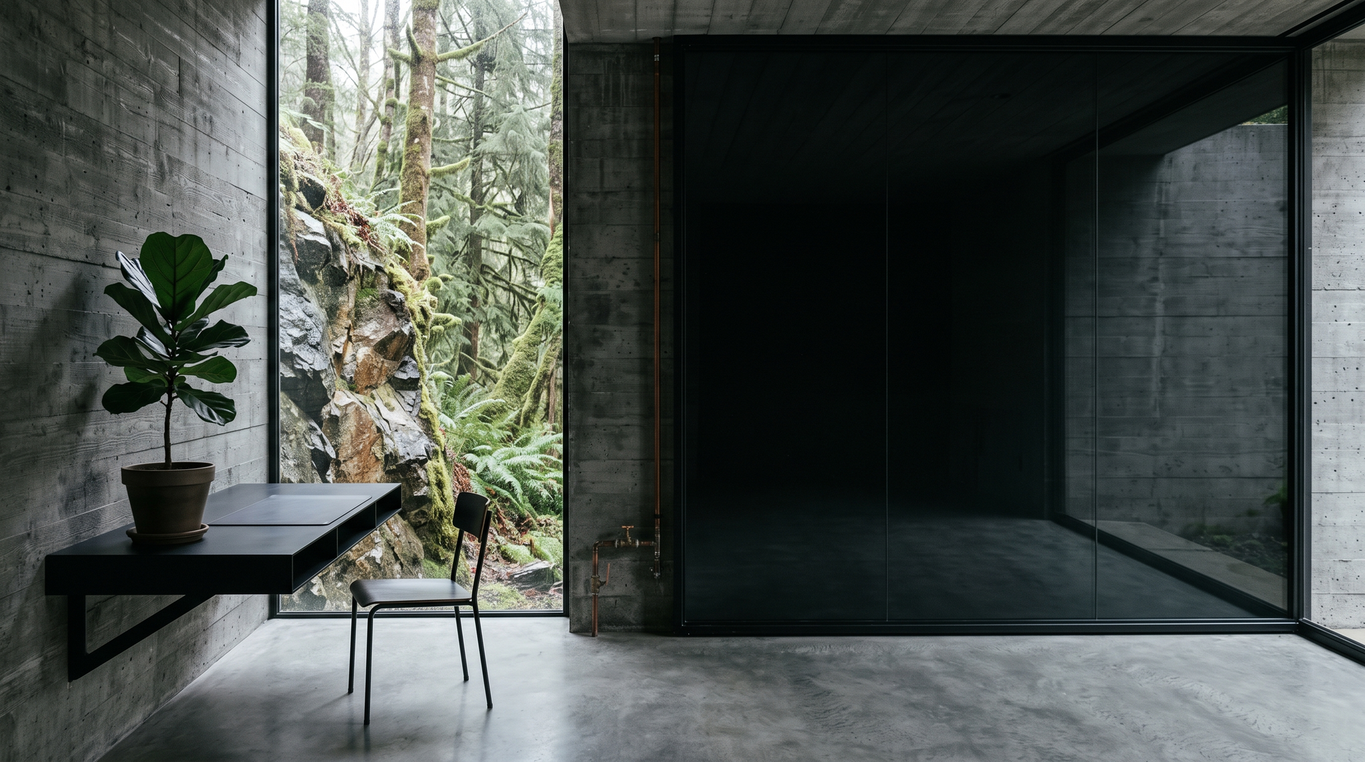 Architectural interior of The Desk: a quiet working room with a long table and landscape beyond the glass.